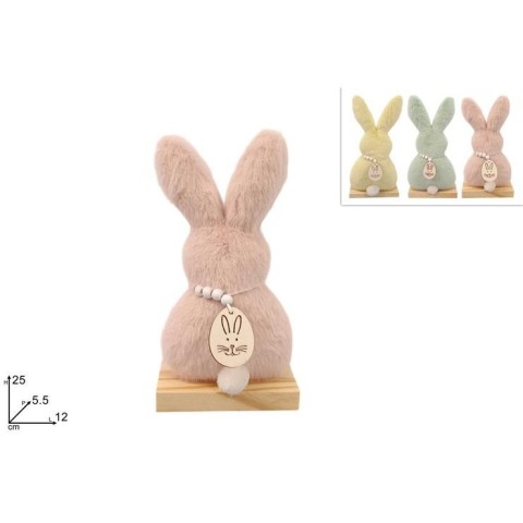 CONIGLIO PELLICCIA 25CM C BASE LEGNO 3COL